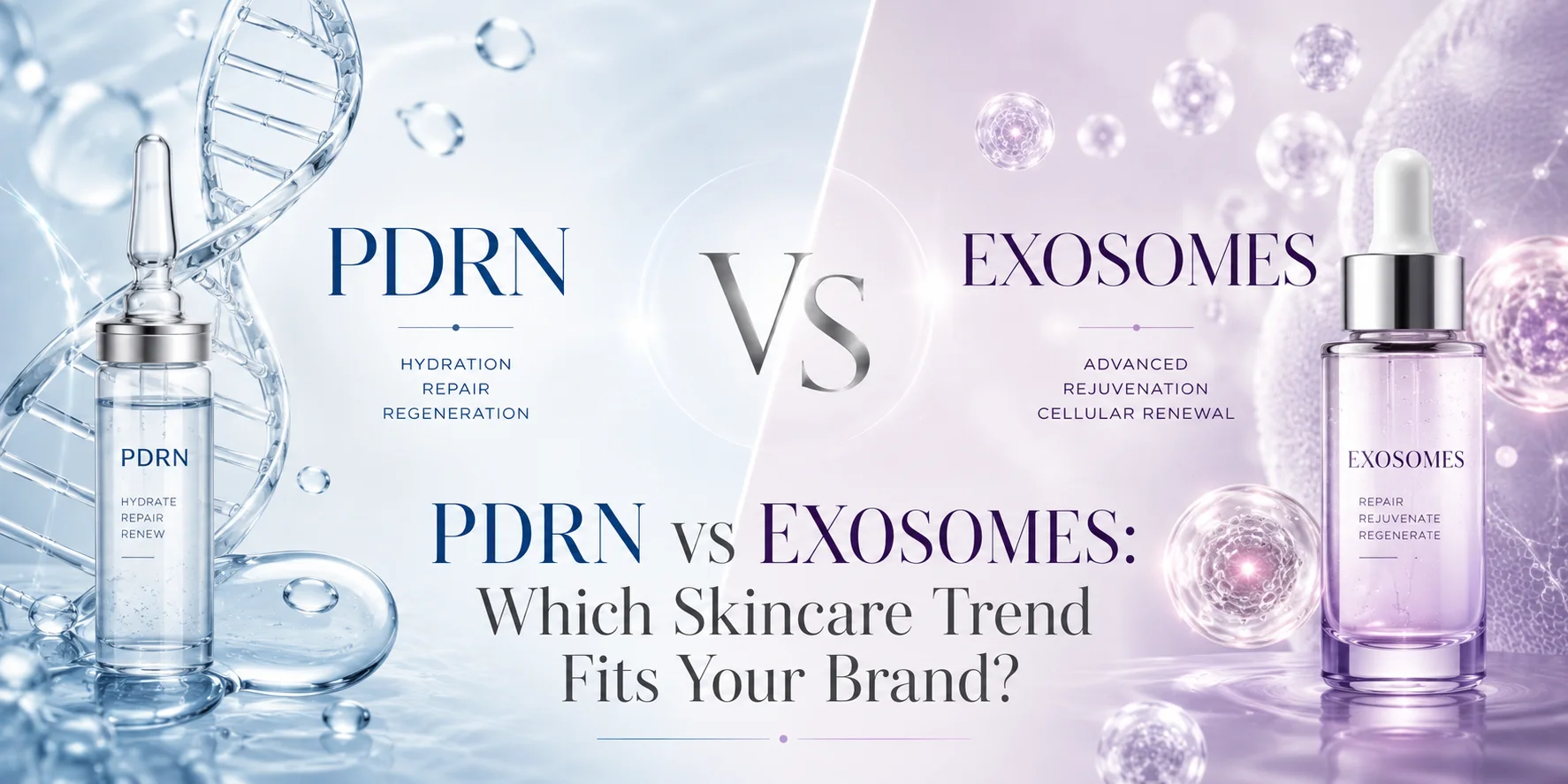 Comparison of skincare products PDRN and exosomes with bottles, DNA strand, and abstract cellular visuals, emphasizing renewal and hydration.